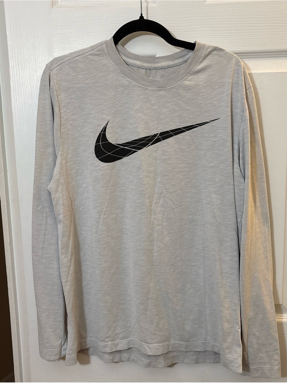 Nike Light Gray Long-Sleeve Crew with Black Swoosh